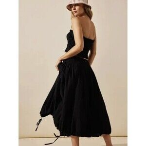Free People Midi Skirt Set Free-est All The Things Cotton Smocked Black Sz S New